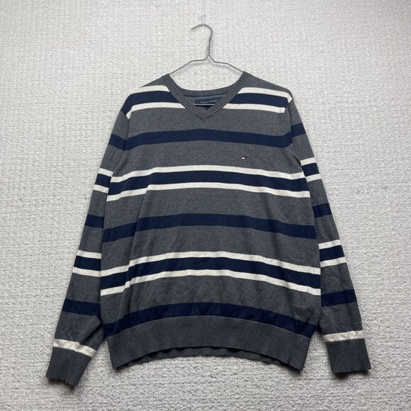 Tommy Hilfiger Blue / Grey Striped Pullover V-Neck Sweater Long Sleeve Mens S - Picture 1 of 13
